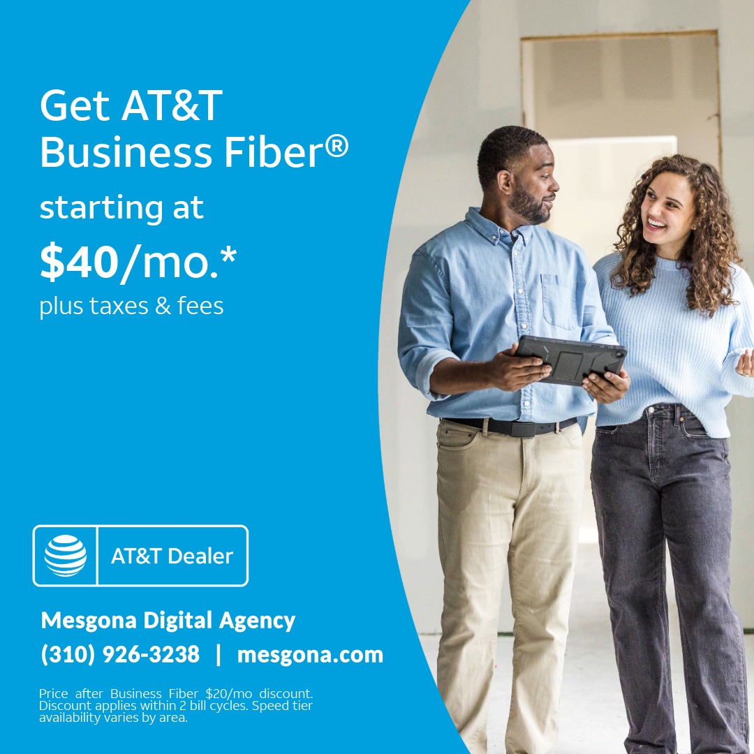 Get AT&T Business Fiber starting at $40 a month plus taxes and fees. Two colleagues look at a tablet. Mesgona Digital Agency, AT&T Dealer.
