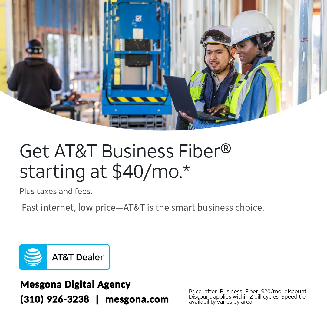 Get AT&T Business Fiber starting at $40 a month plus taxes and fees. Two workers in hard hats look at a laptop on a building site. Mesgona Digital Agency, AT&T Dealer.